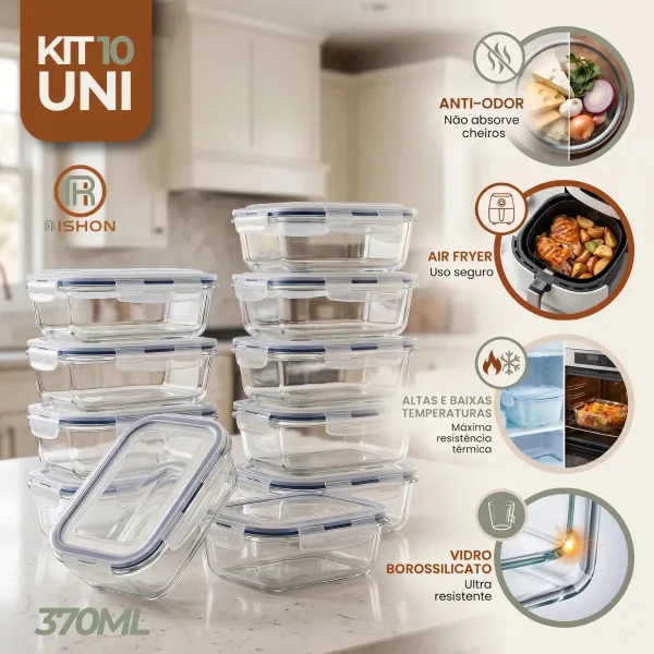 D_NQ_NP_2X_605578-MLA113633610823_062026-F Kit 10 Pote De Vidro Marmita Hermético 370ml Freezer Fitness Rishon