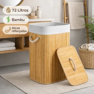Cesto De Roupa Suja Bambu Dobrável Com Tampa Alças 72 Litros