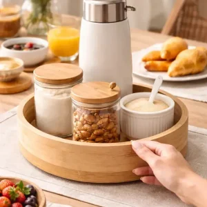 Bandeja Giratória Organizadora de Cozinha em Bambu para Potes e Temperos